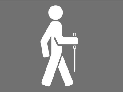A graphic showing a person holding a short cane. 