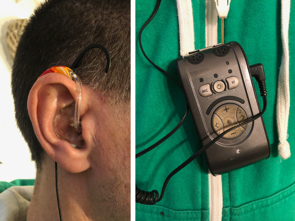 2 pictures in one. One photo shows a hear hook positioned near John's hearing aids. The other shows the transceiver unit which has several buttons.  