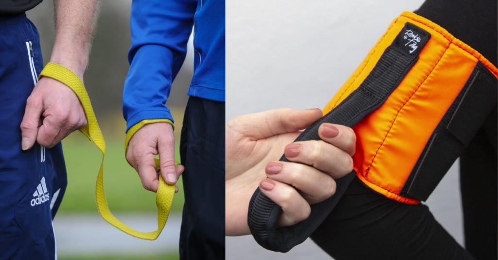 2 images in one. Left: 2 hands with a yellow running tether between them. Right: Somebody is wearing a ramble tag which another person is holding. 