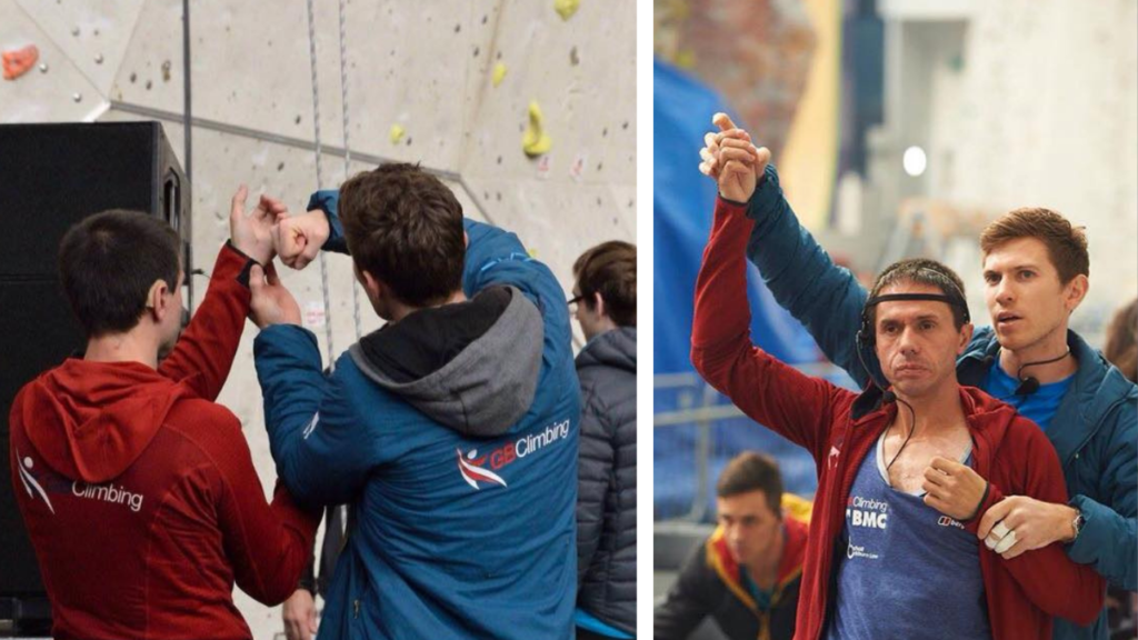 2 images in 1. Facing away from the camera John's sight guide holds his hand in a fist mimicking the shape of a hold while John feels it. The second image shows Robin the coach and John facing the camera. Robin stands behind John lifting one hand in the air while holding another at chest height. 