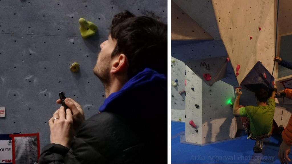 2 images in 1. Left, a person points a laser upwards towards a wall. Right - a climber is on a wall. A laser is pointed at a hand hold