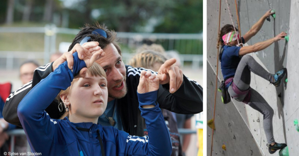 2 images in 1. Left image shows B2 athlete Tanja Gusic route reading with her guide who is holding her hands above her head. Right image shows B1 athlete climbing blindfolded.